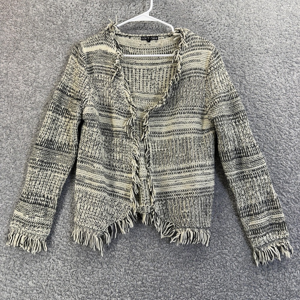 Dolce Cabo Cardigan Sweater Womens‎ Medium White Fringe Open Knit Boho Striped